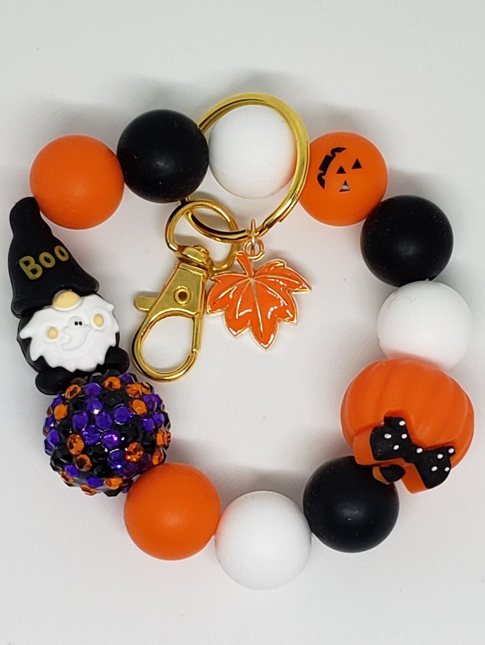 Handmade Halloween Boo Gnome Silicone Focal Bead Wristlet Keychain Bracelet